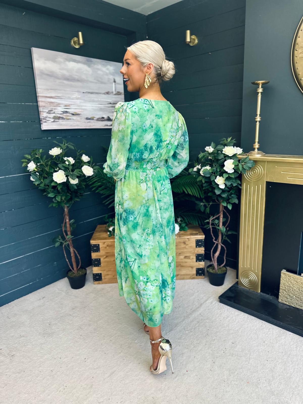 Brianna Banded Midi Dress Floral Green