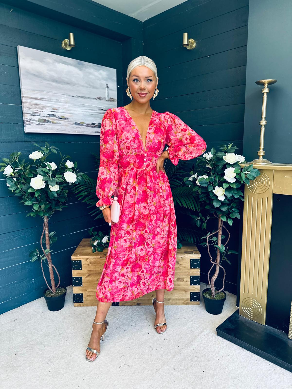 Brianna Banded Midi Dress Floral Pink