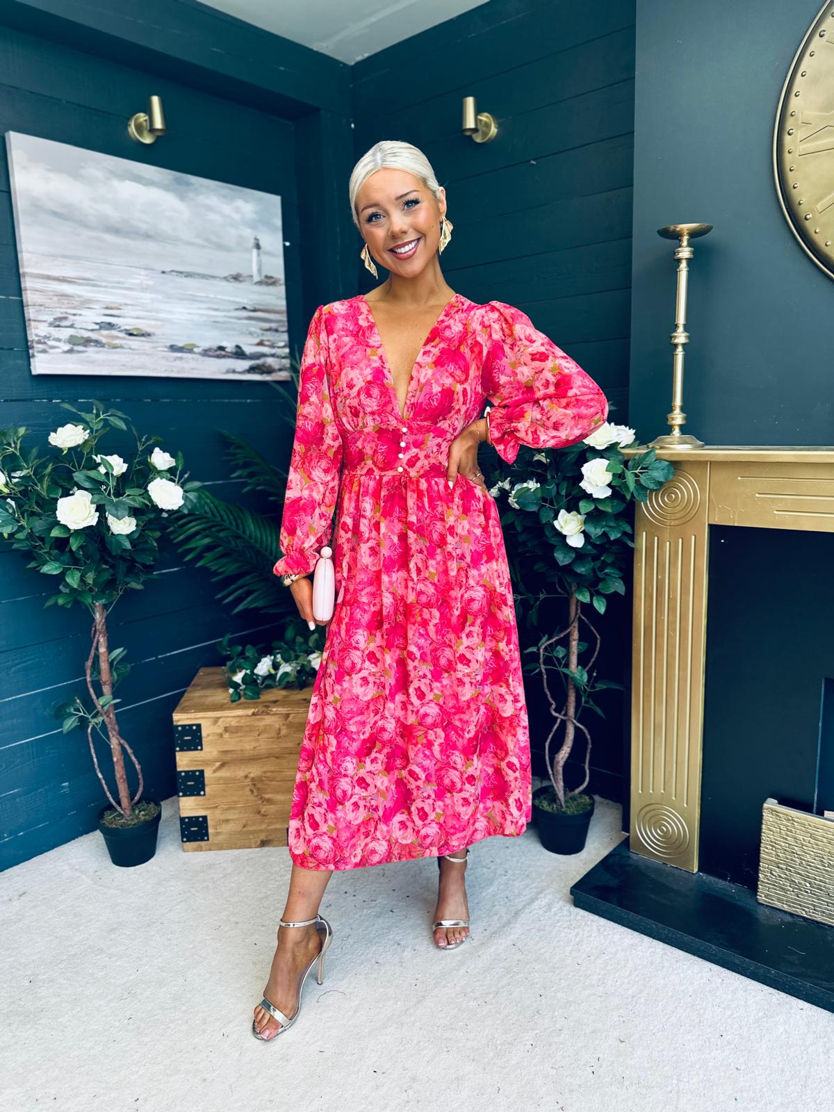 Brianna Banded Midi Dress Floral Pink