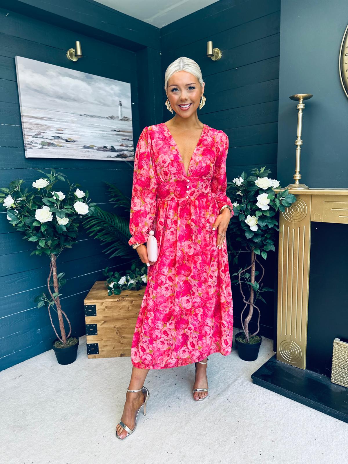 Brianna Banded Midi Dress Floral Pink