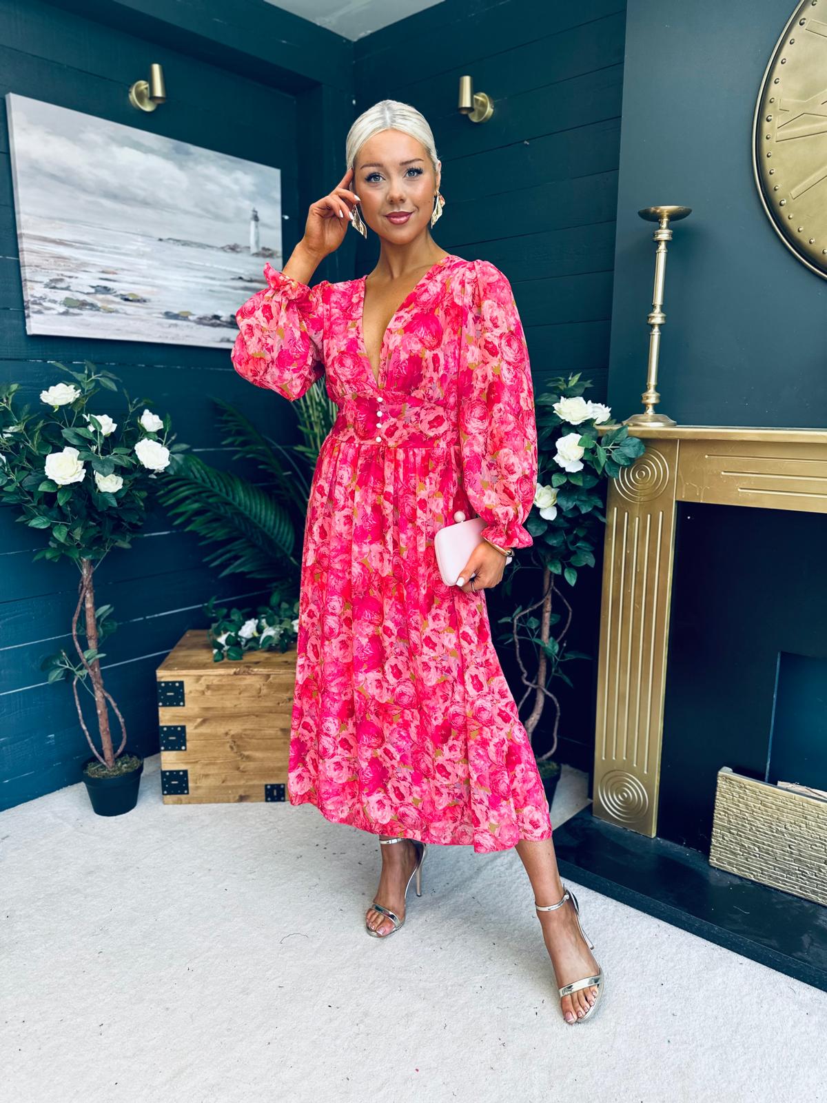 Brianna Banded Midi Dress Floral Pink