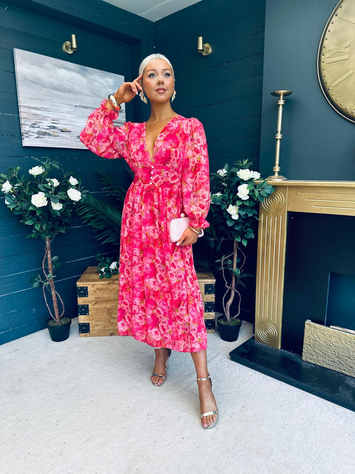 Brianna Banded Midi Dress Floral Pink