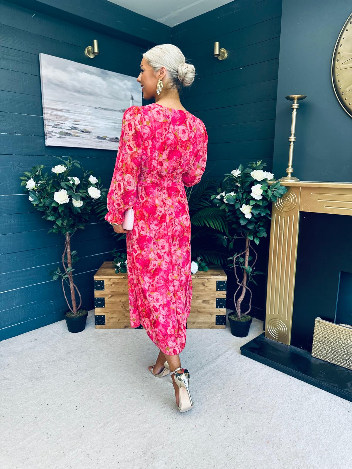 Brianna Banded Midi Dress Floral Pink