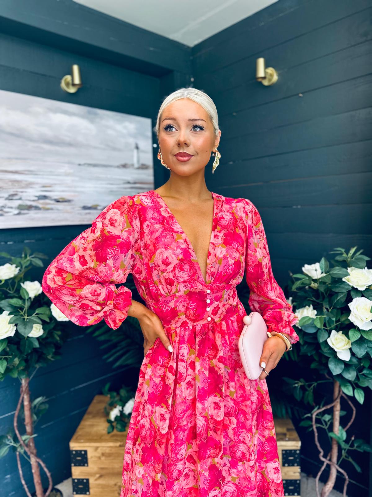 Brianna Banded Midi Dress Floral Pink
