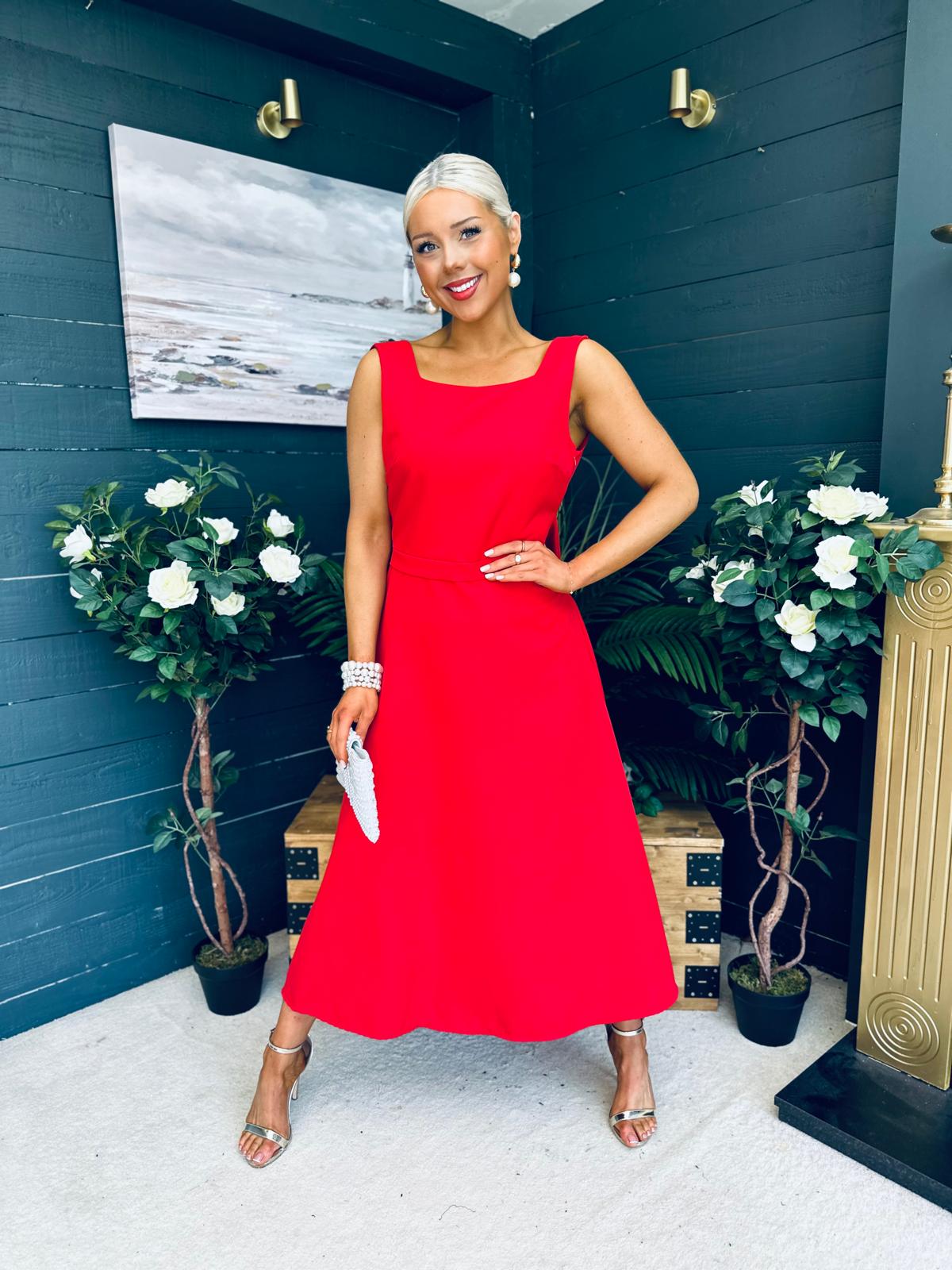Roz Pearl Bow Detail Midi Dress Red