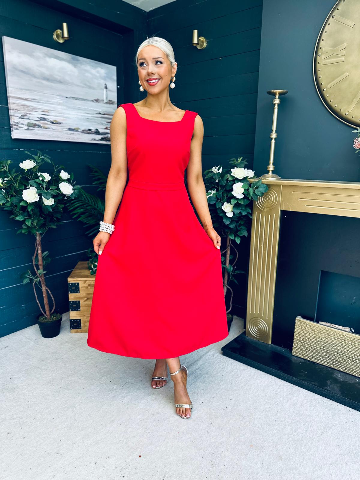 Roz Pearl Bow Detail Midi Dress Red