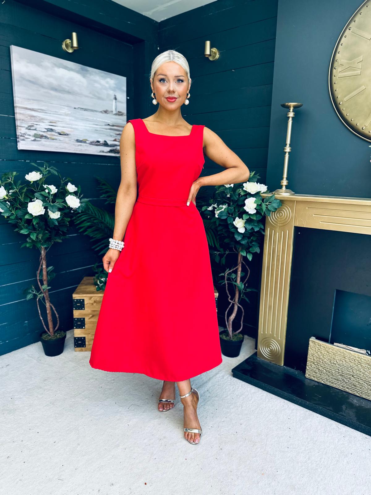 Roz Pearl Bow Detail Midi Dress Red