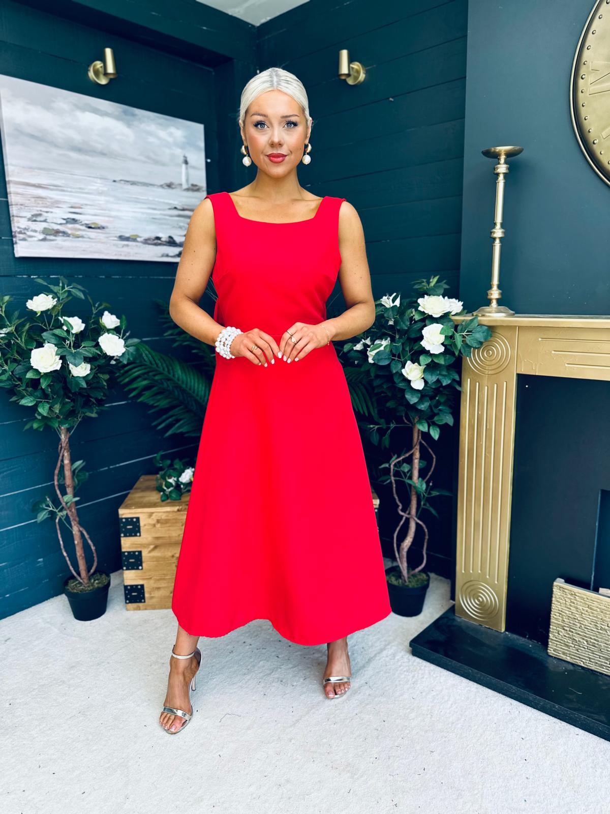 Roz Pearl Bow Detail Midi Dress Red
