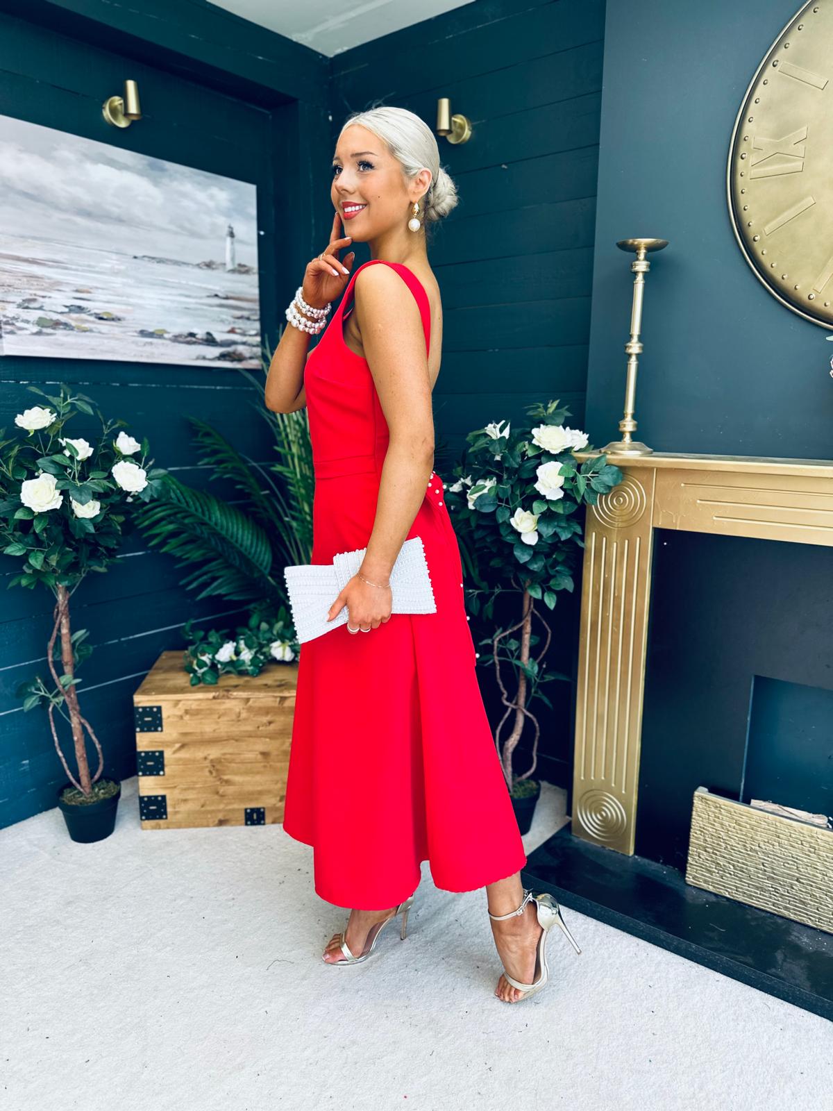 Roz Pearl Bow Detail Midi Dress Red