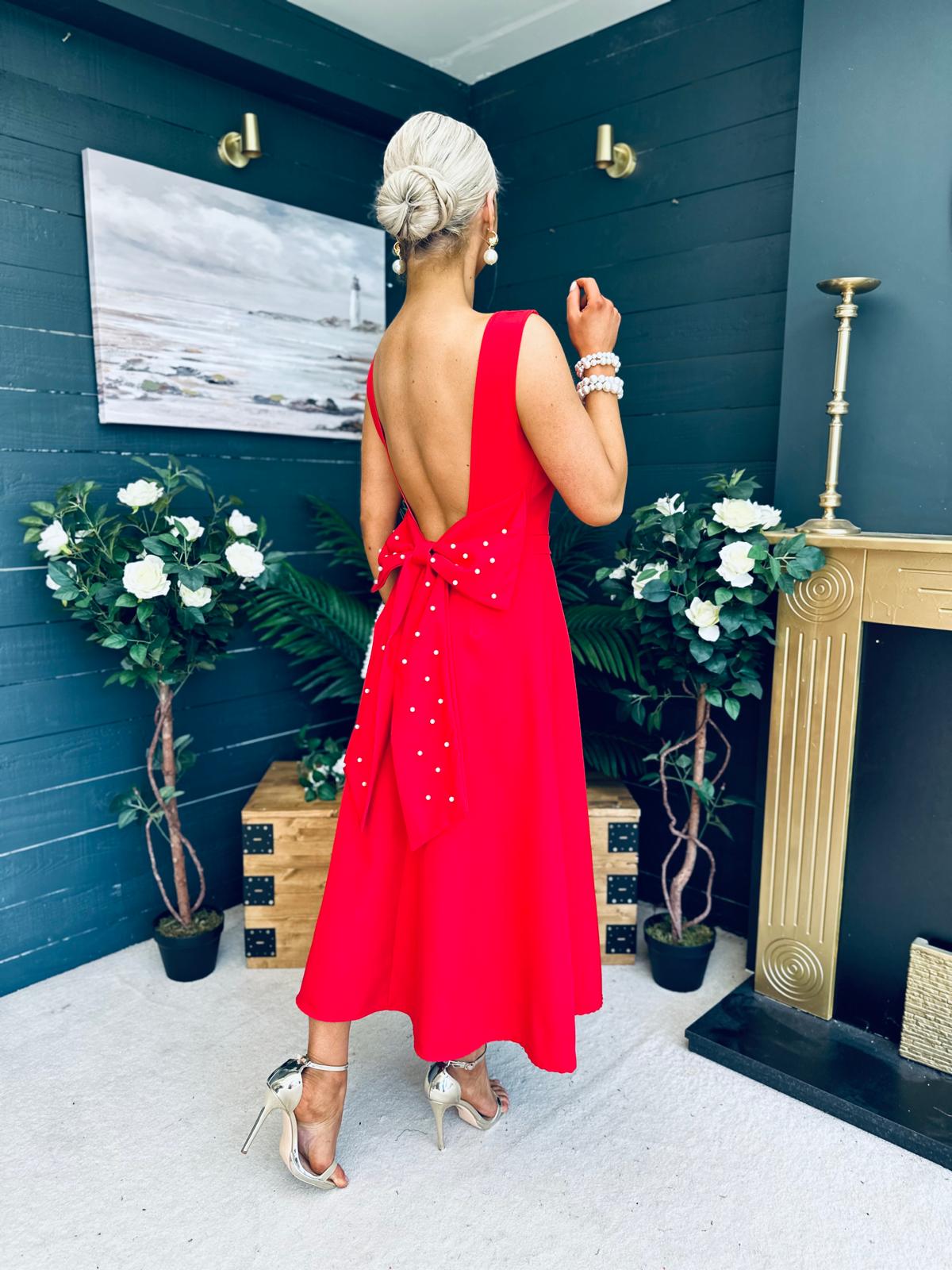 Roz Pearl Bow Detail Midi Dress Red
