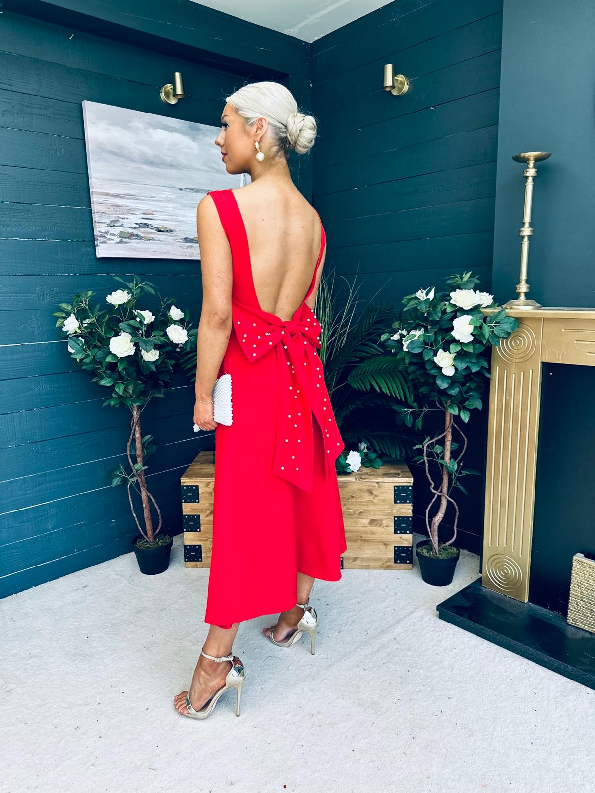 Roz Pearl Bow Detail Midi Dress Red