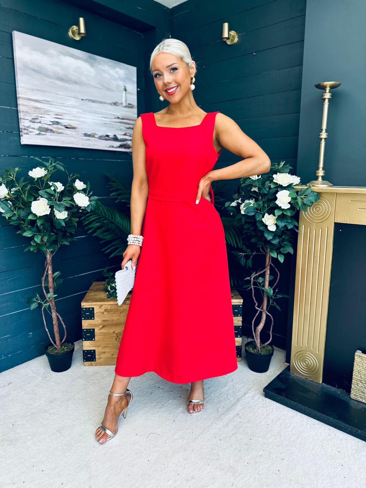 Roz Pearl Bow Detail Midi Dress Red
