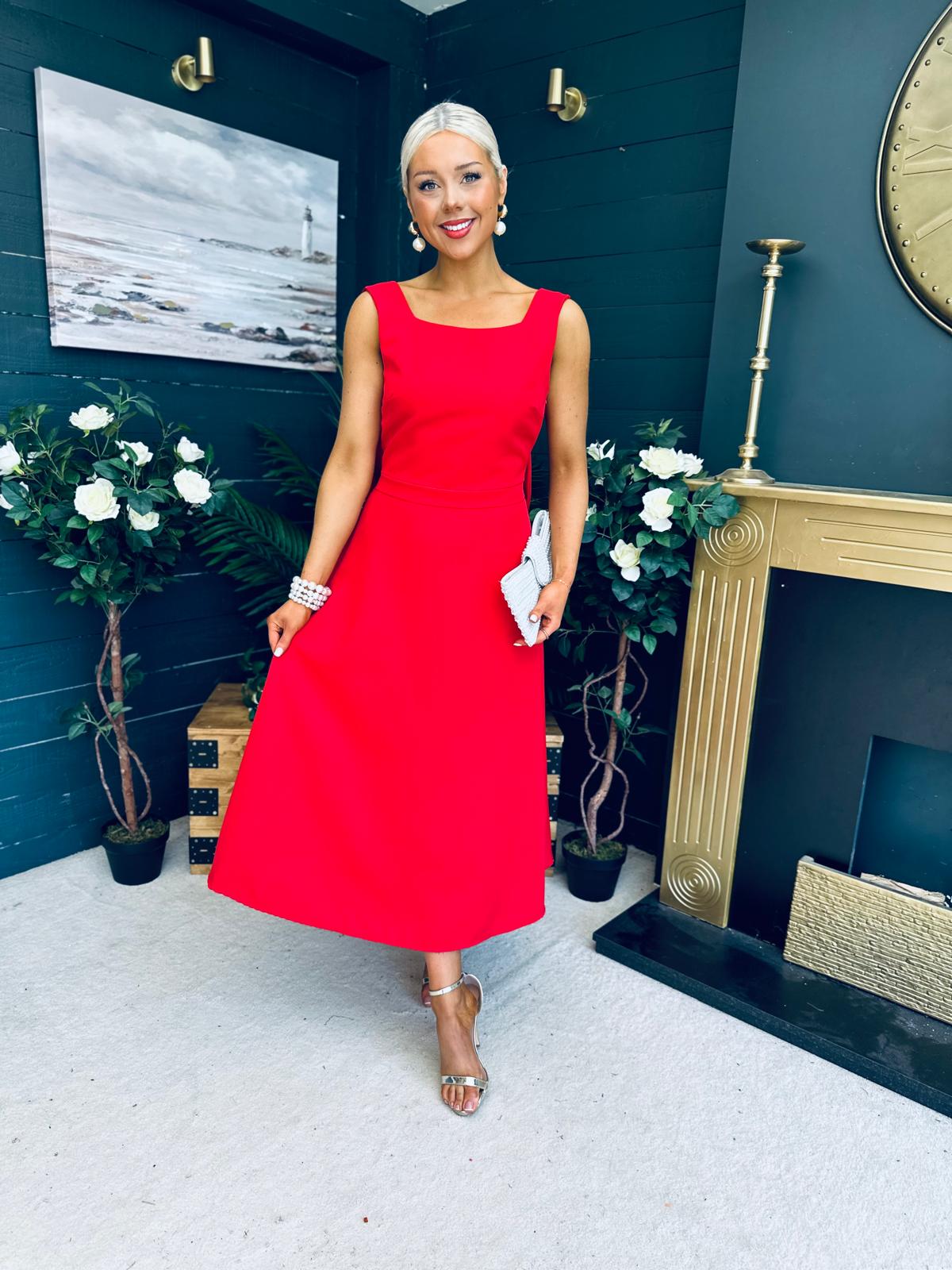 Roz Pearl Bow Detail Midi Dress Red