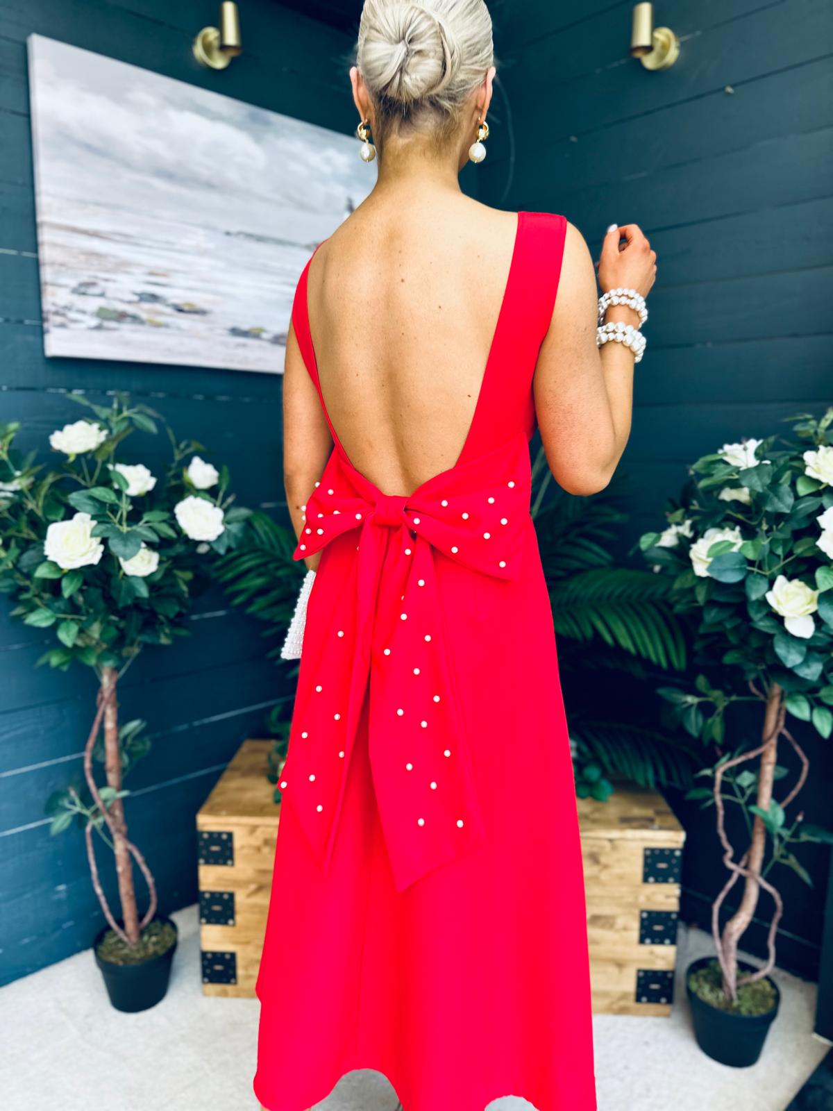 Roz Pearl Bow Detail Midi Dress Red
