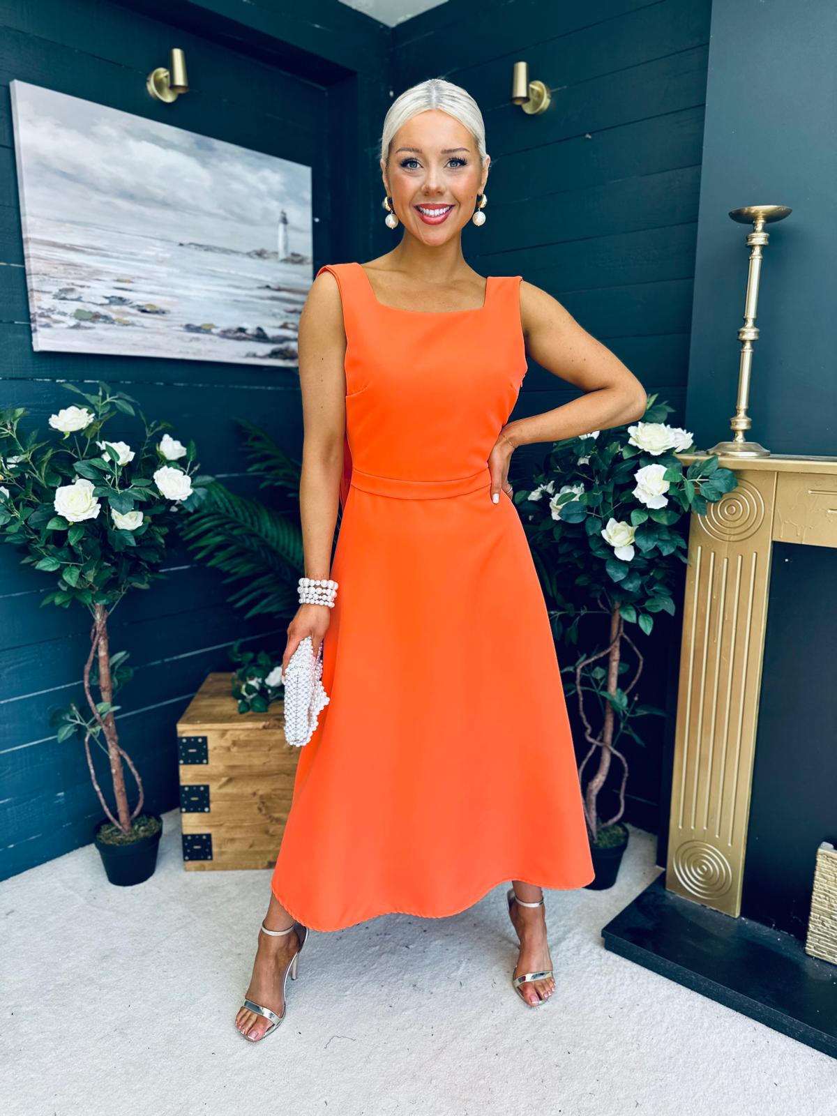 Roz Pearl Bow Detail Midi Dress Orange