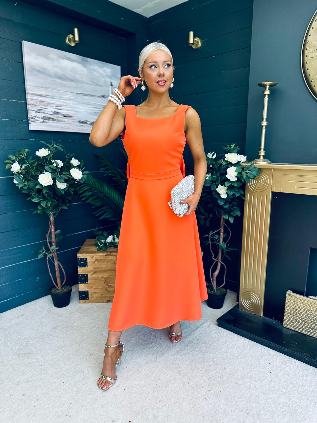 Roz Pearl Bow Detail Midi Dress Orange