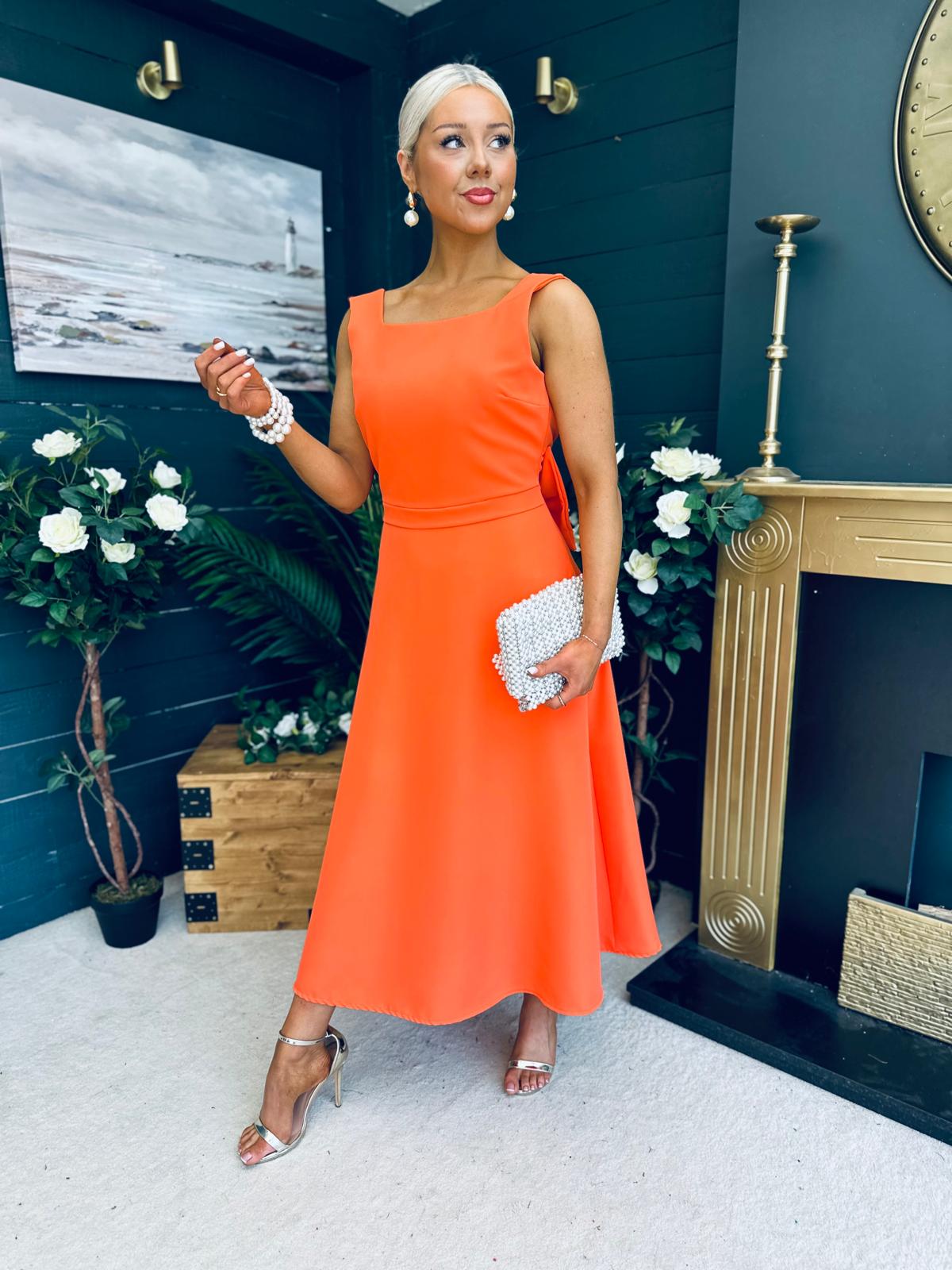 Roz Pearl Bow Detail Midi Dress Orange