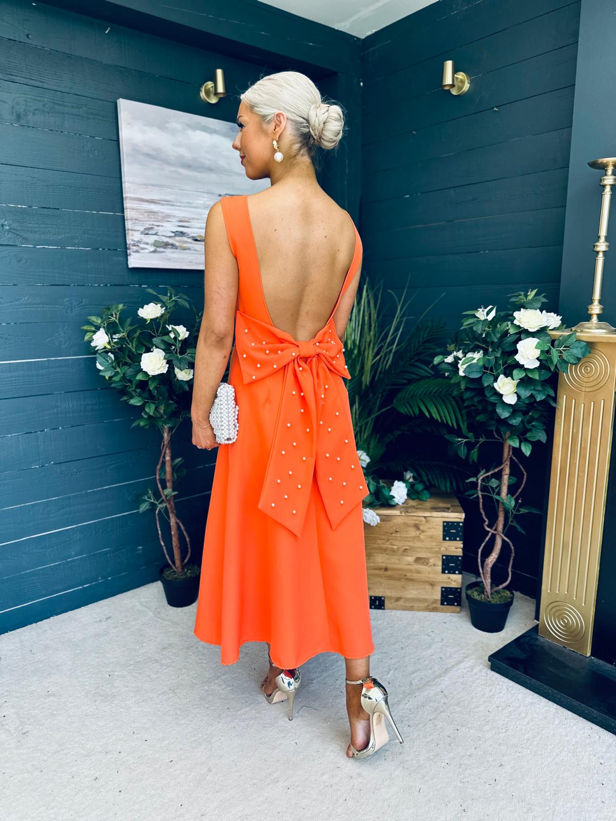 Roz Pearl Bow Detail Midi Dress Orange