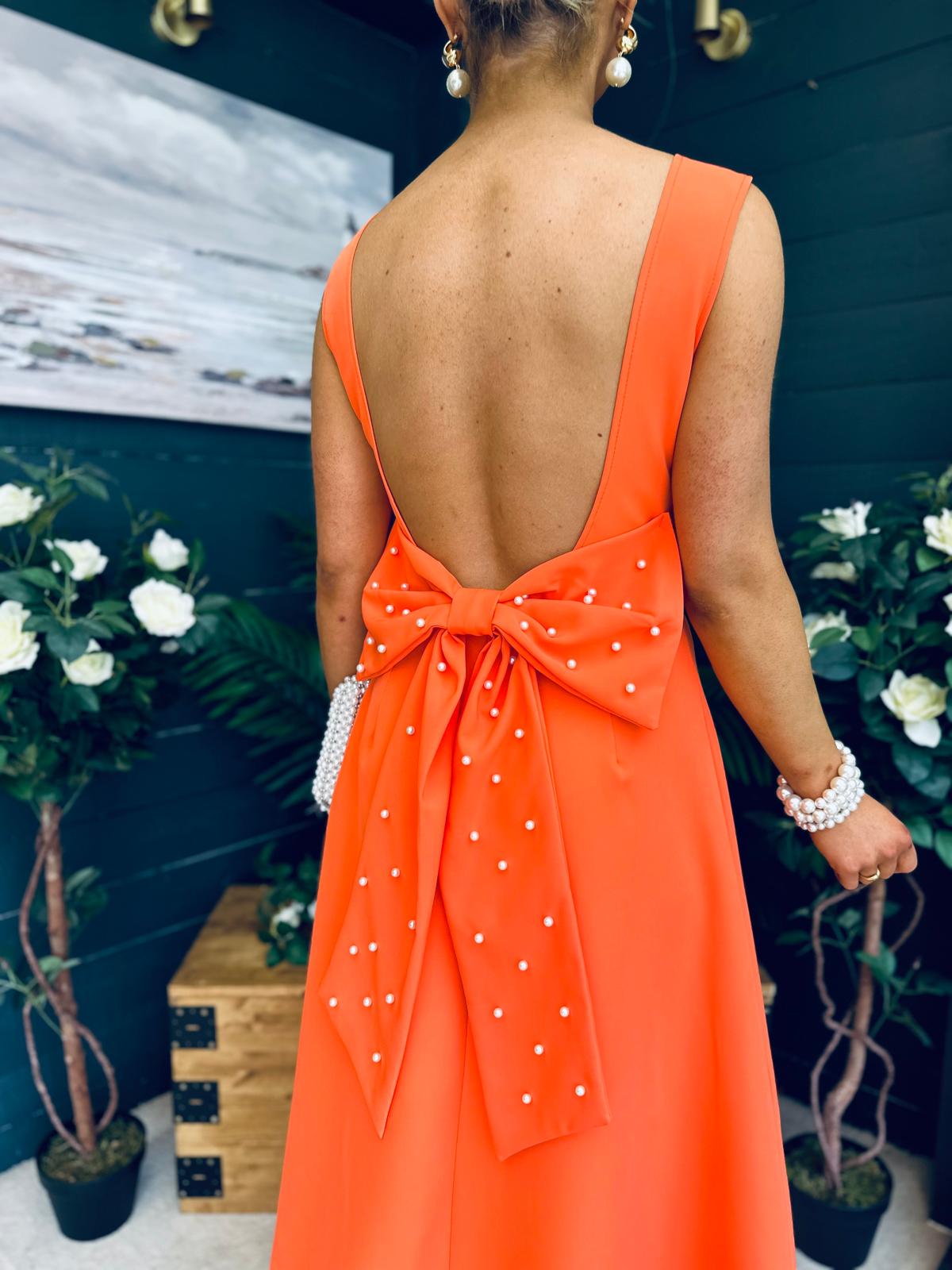 Roz Pearl Bow Detail Midi Dress Orange