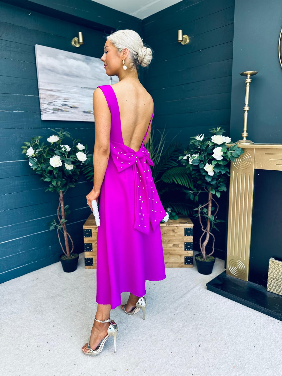 Roz Pearl Bow Detail Midi Dress Orchid