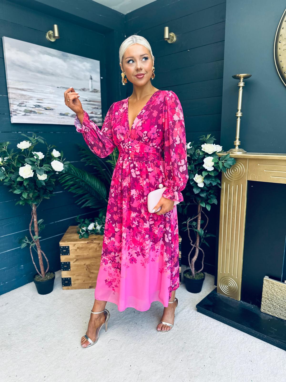 Olivia Detailed Midi Dress Floral Fuchsia
