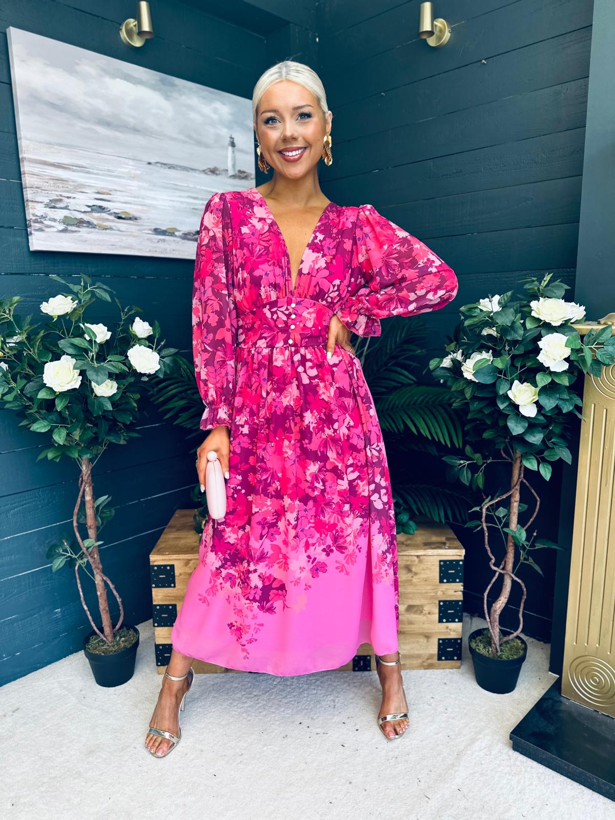 Olivia Detailed Midi Dress Floral Fuchsia