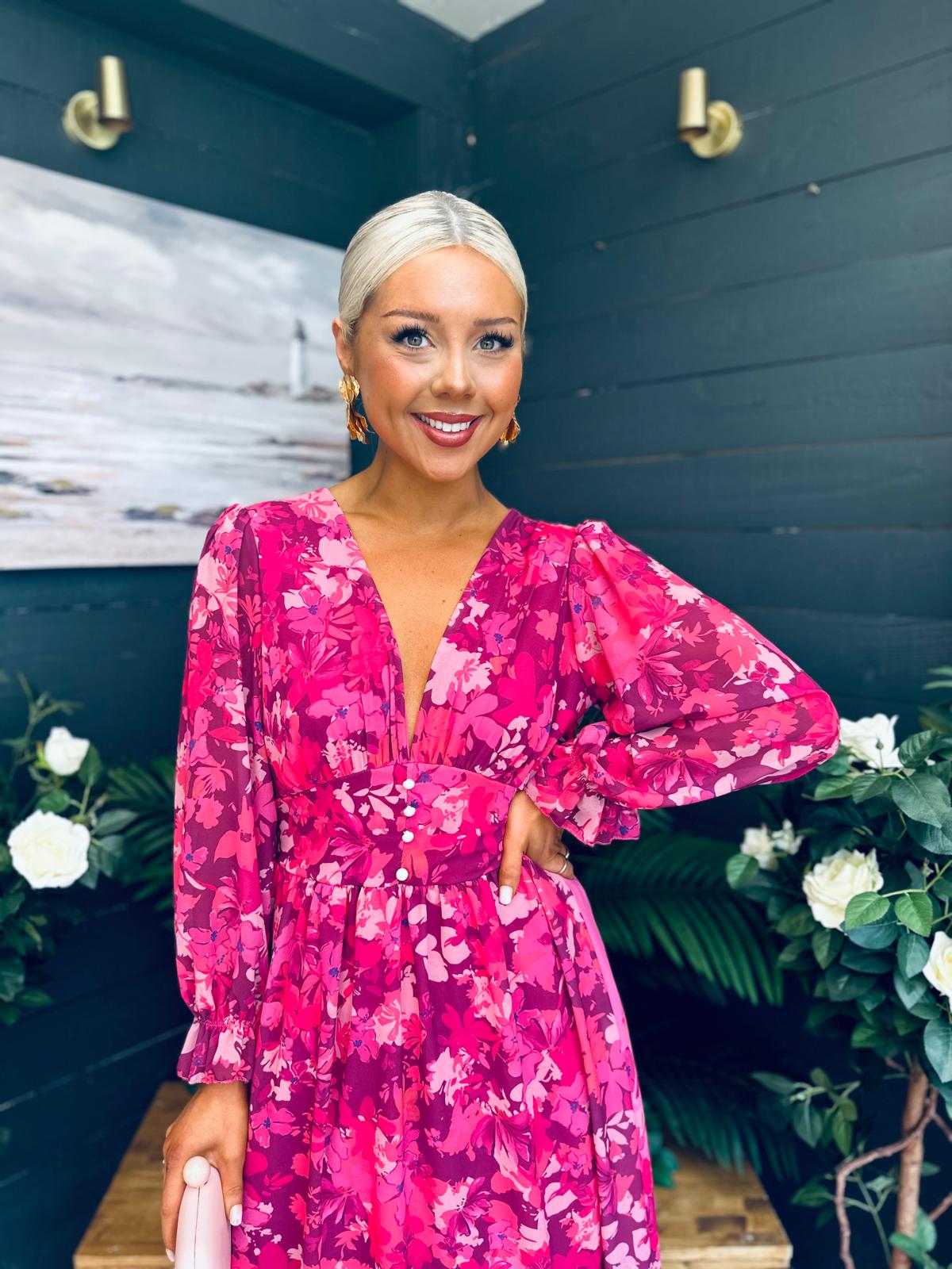 Olivia Detailed Midi Dress Floral Fuchsia