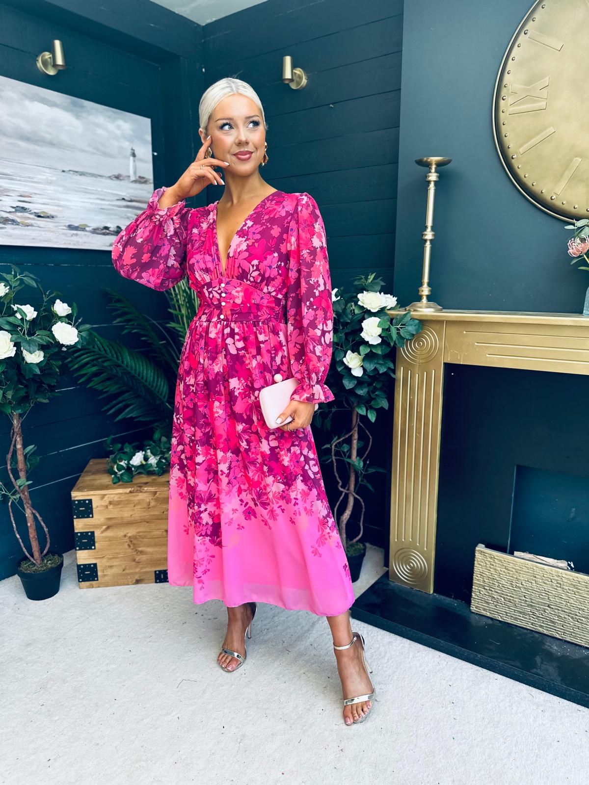 Olivia Detailed Midi Dress Floral Fuchsia