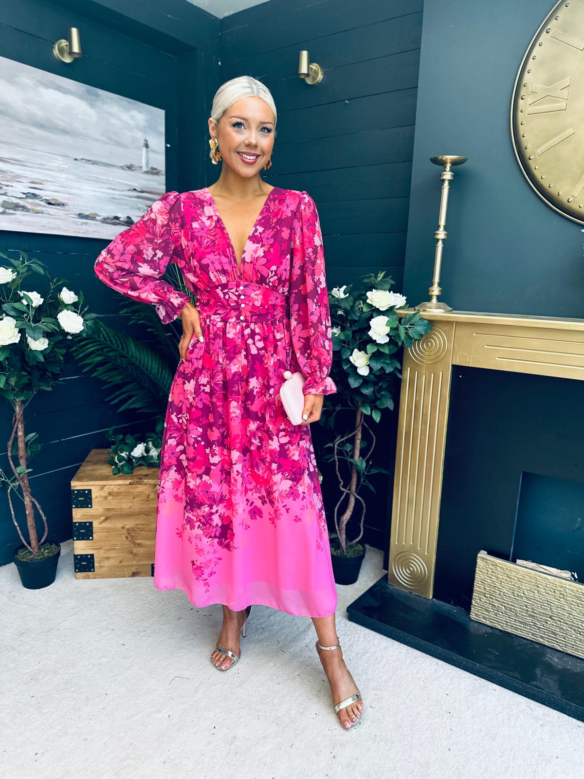 Olivia Detailed Midi Dress Floral Fuchsia