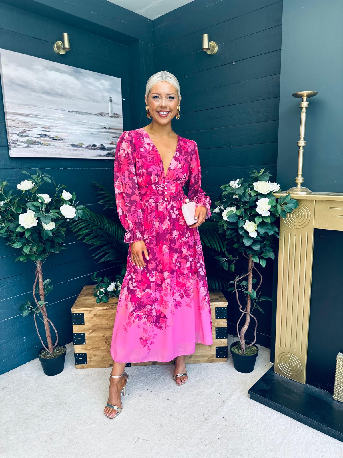 Olivia Detailed Midi Dress Floral Fuchsia