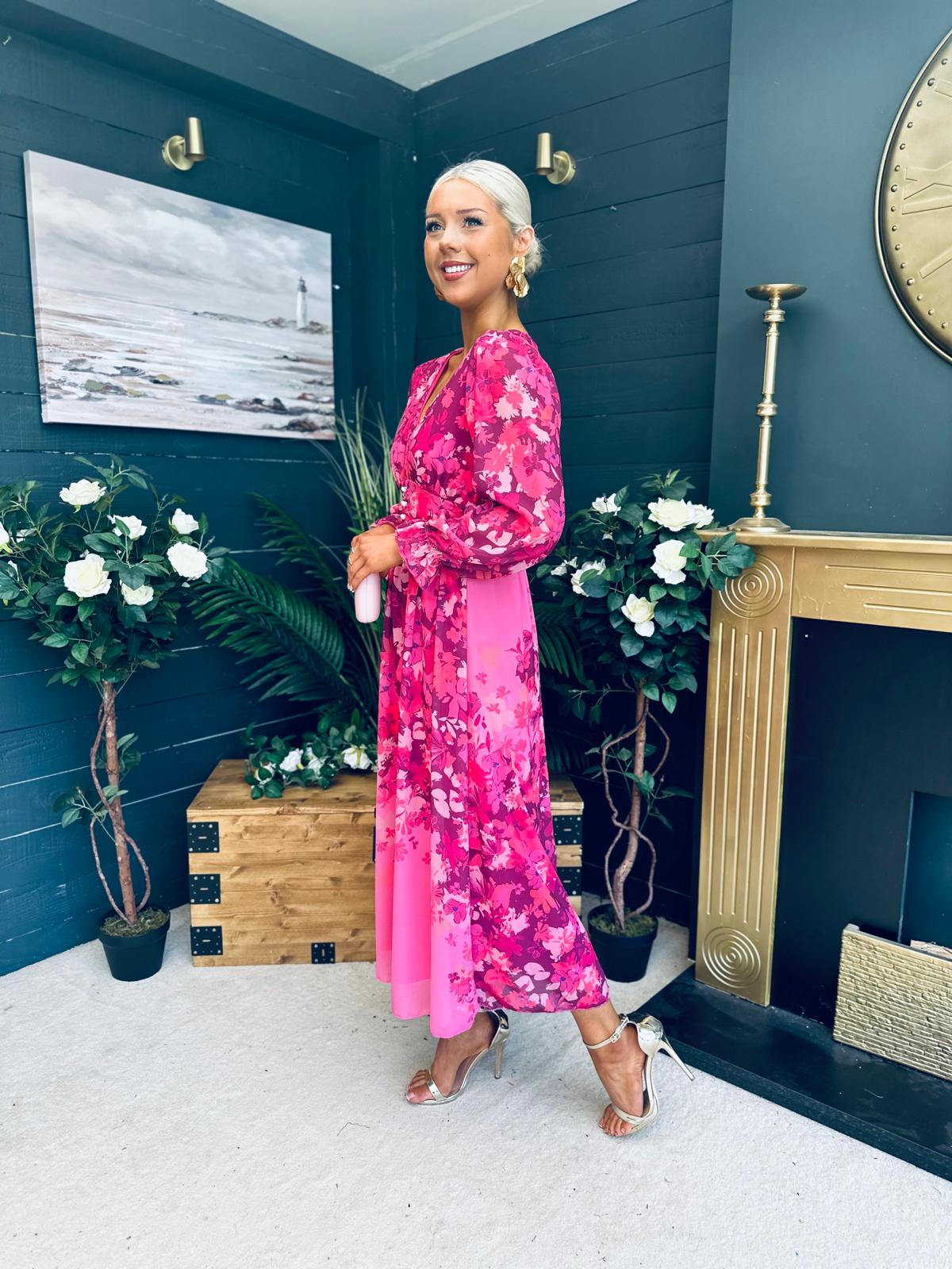 Olivia Detailed Midi Dress Floral Fuchsia