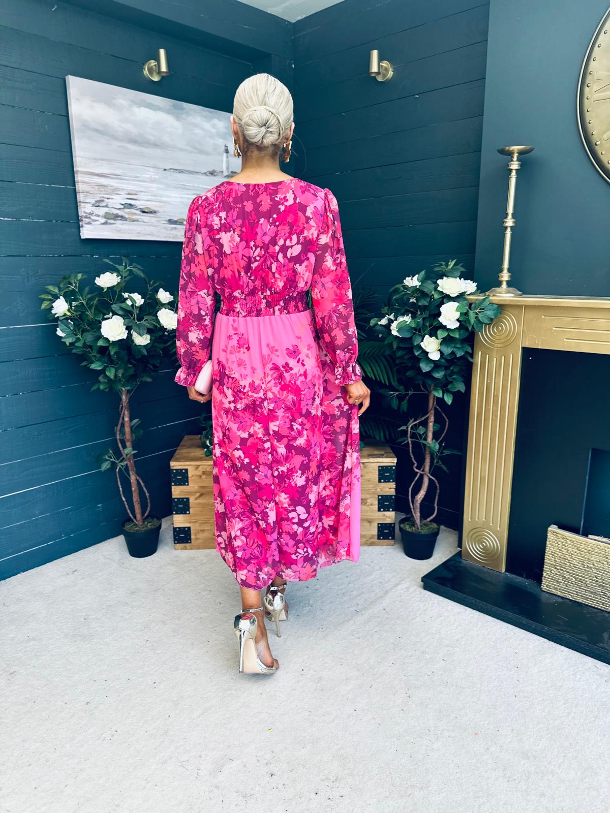 Olivia Detailed Midi Dress Floral Fuchsia