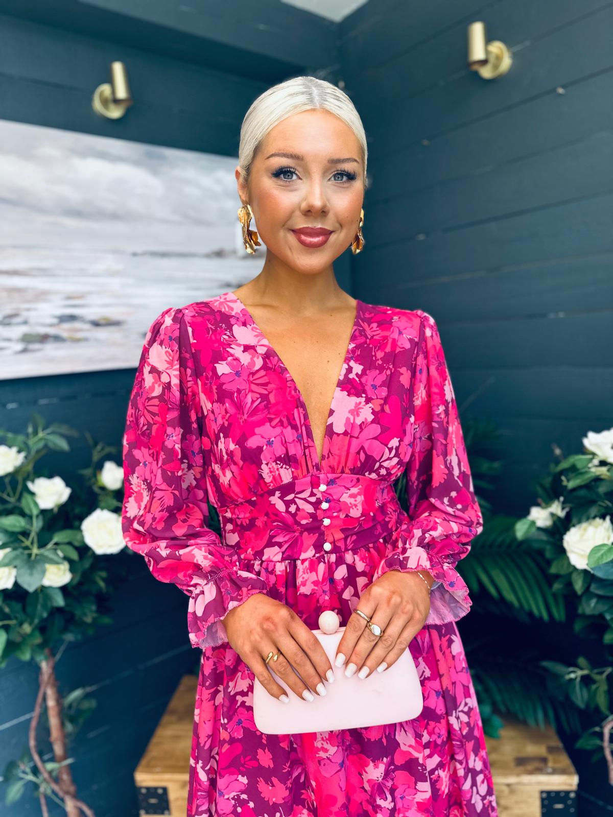 Olivia Detailed Midi Dress Floral Fuchsia