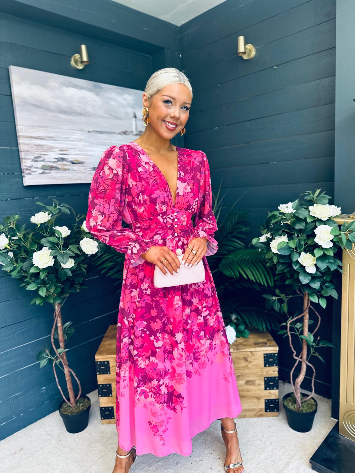 Olivia Detailed Midi Dress Floral Fuchsia