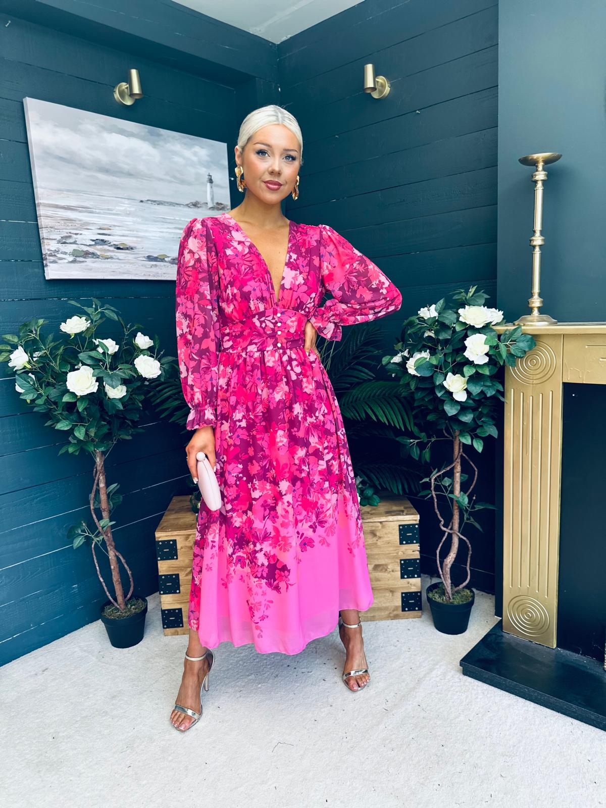 Olivia Detailed Midi Dress Floral Fuchsia