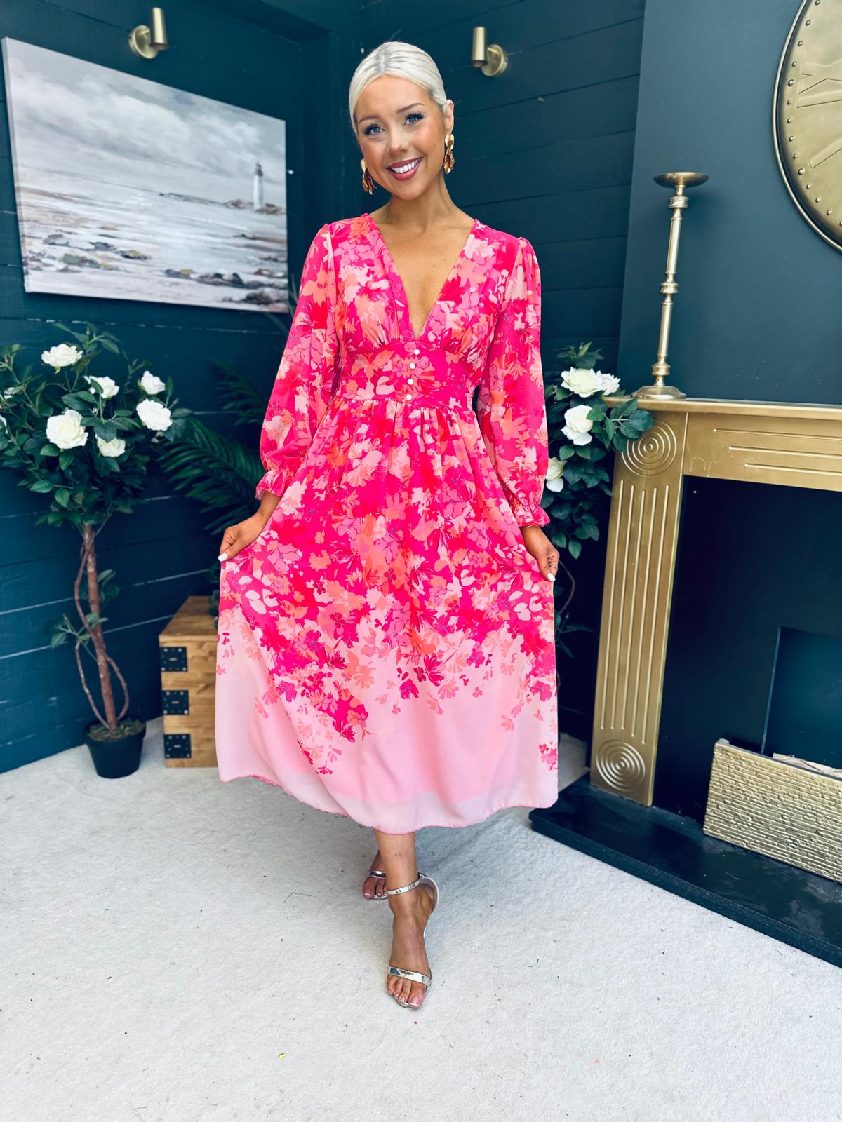 Olivia Detailed Midi Dress Floral Pink