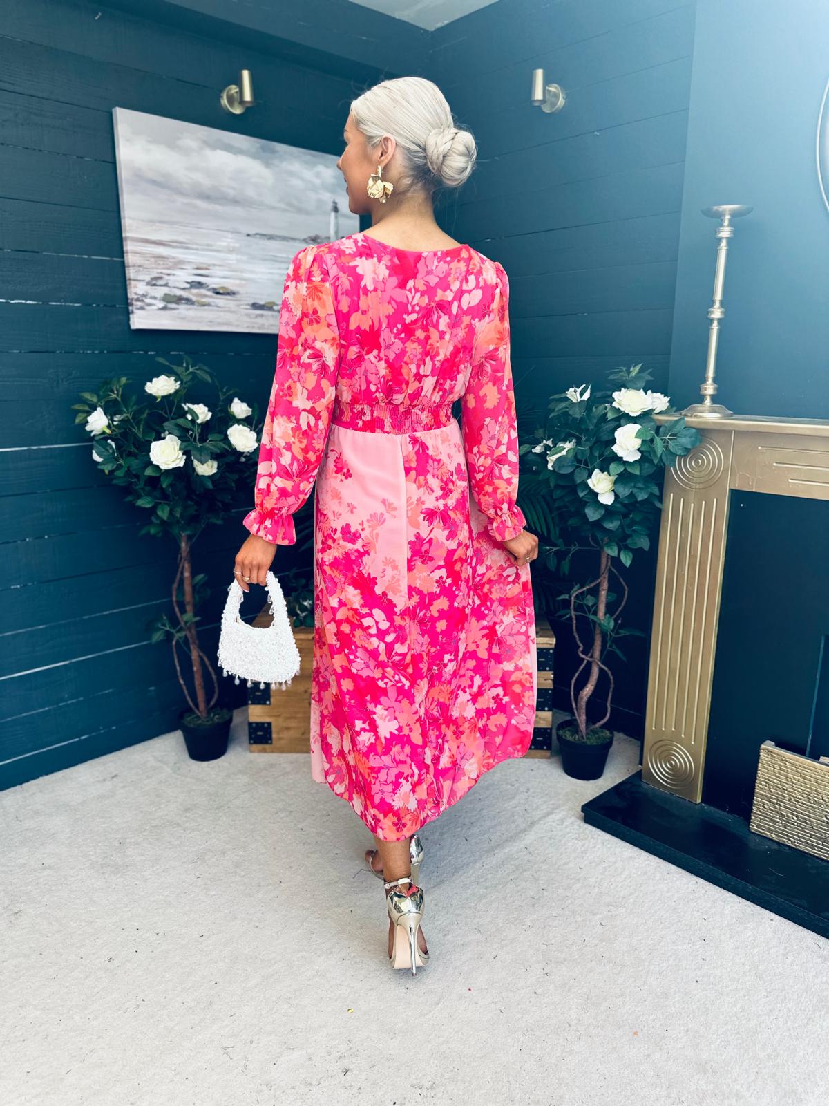 Olivia Detailed Midi Dress Floral Pink
