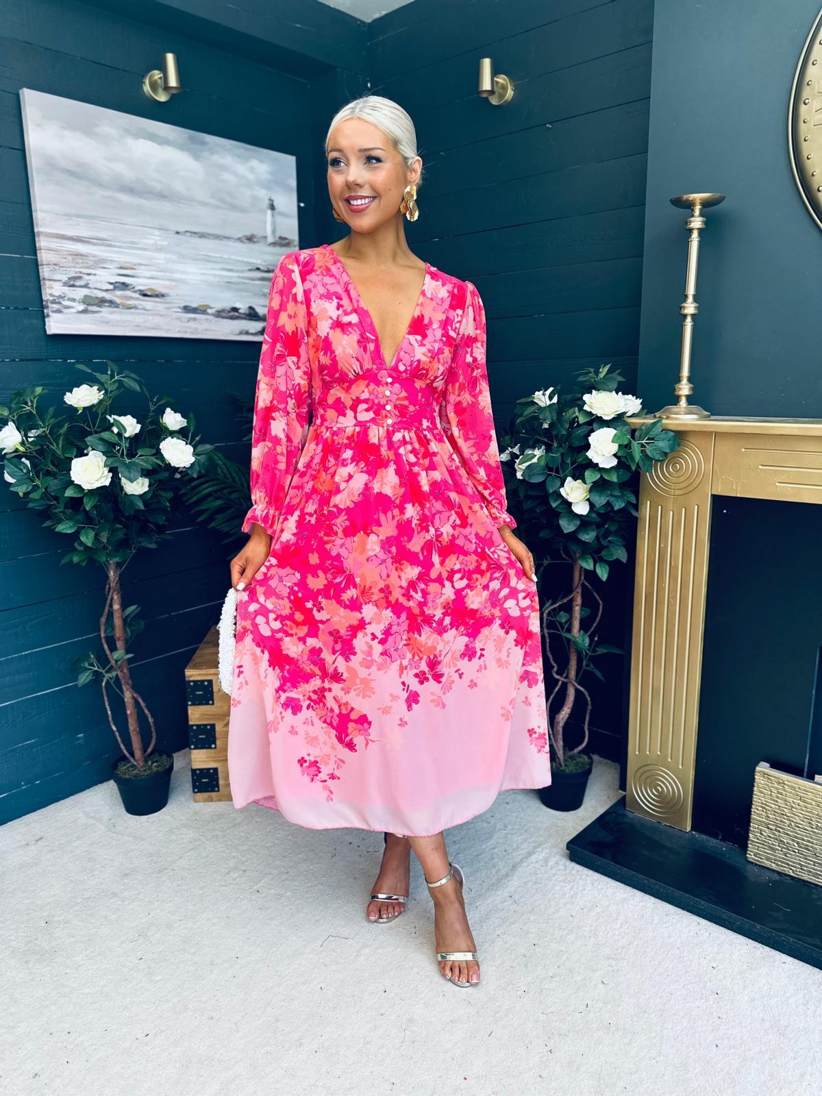 Olivia Detailed Midi Dress Floral Pink