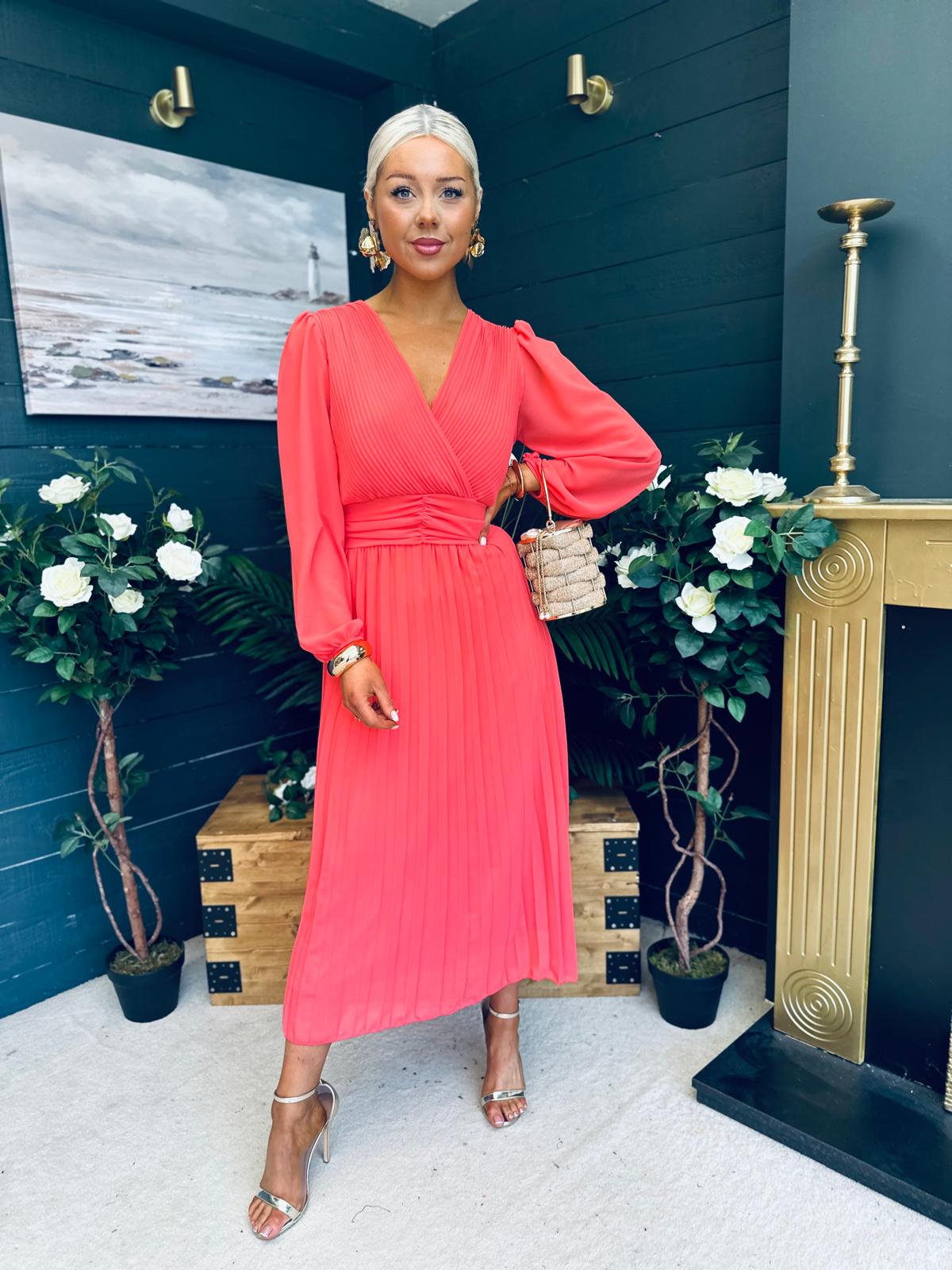Blaire Banded Midi Dress Coral
