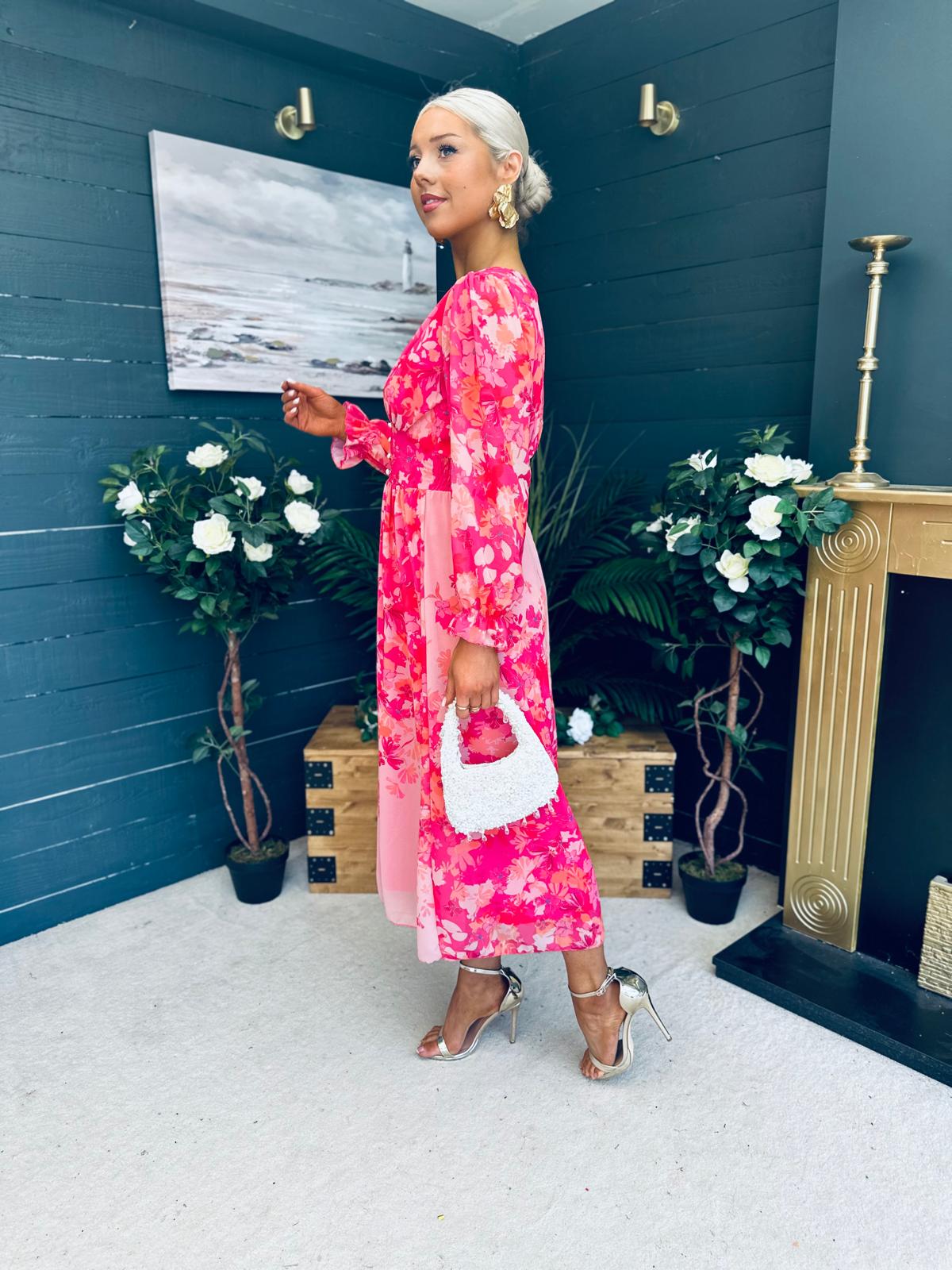 Olivia Detailed Midi Dress Floral Pink