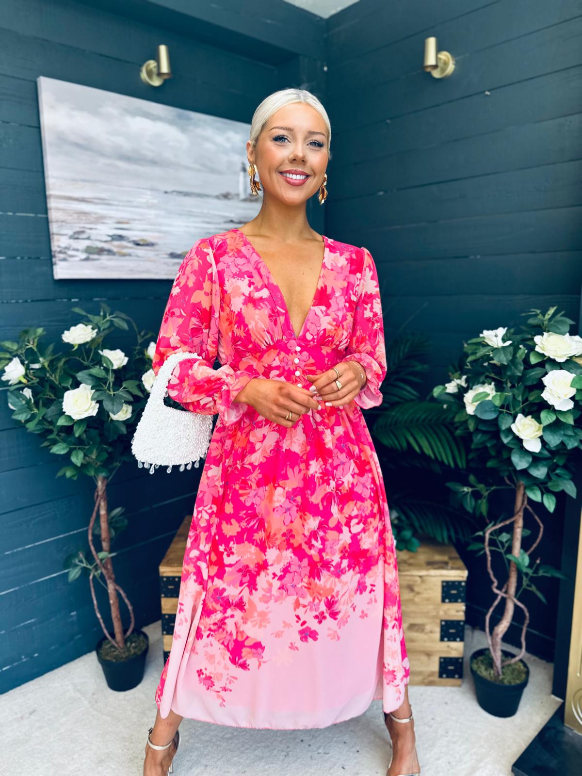 Olivia Detailed Midi Dress Floral Pink