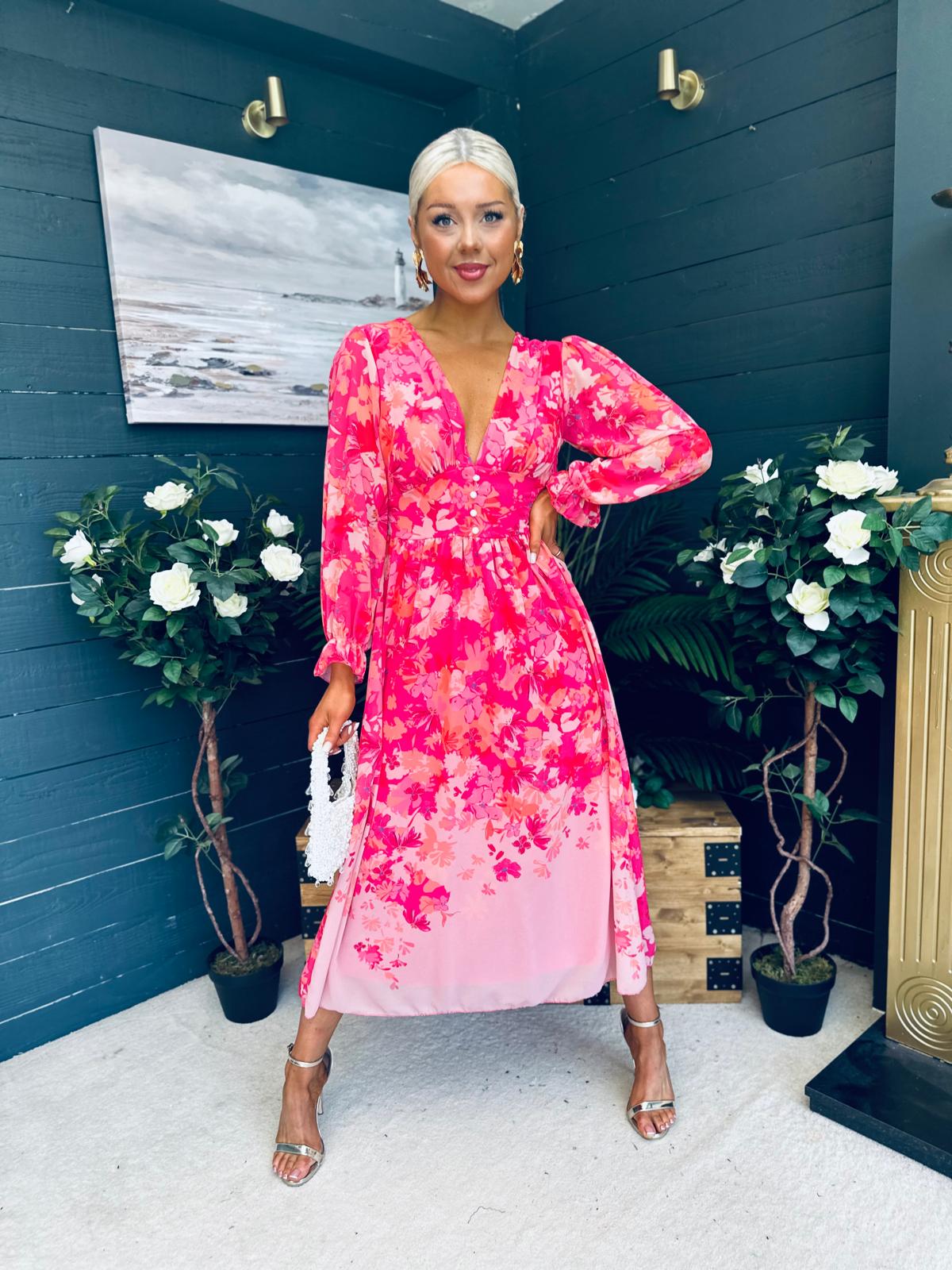 Olivia Detailed Midi Dress Floral Pink