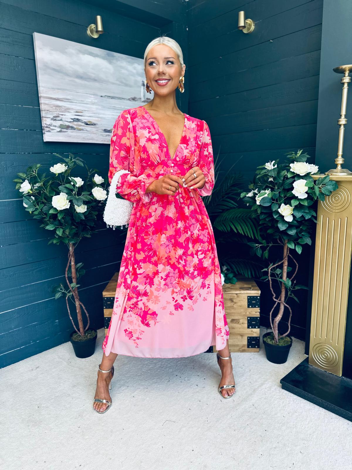 Olivia Detailed Midi Dress Floral Pink