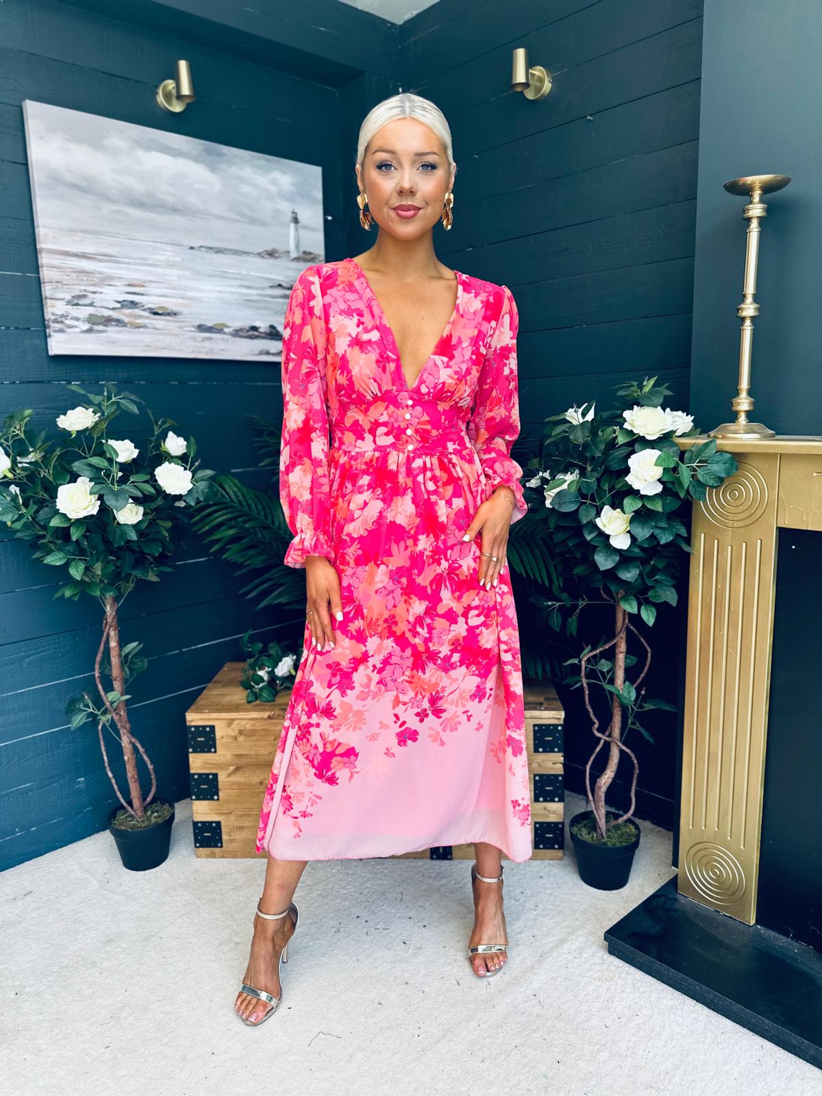 Olivia Detailed Midi Dress Floral Pink