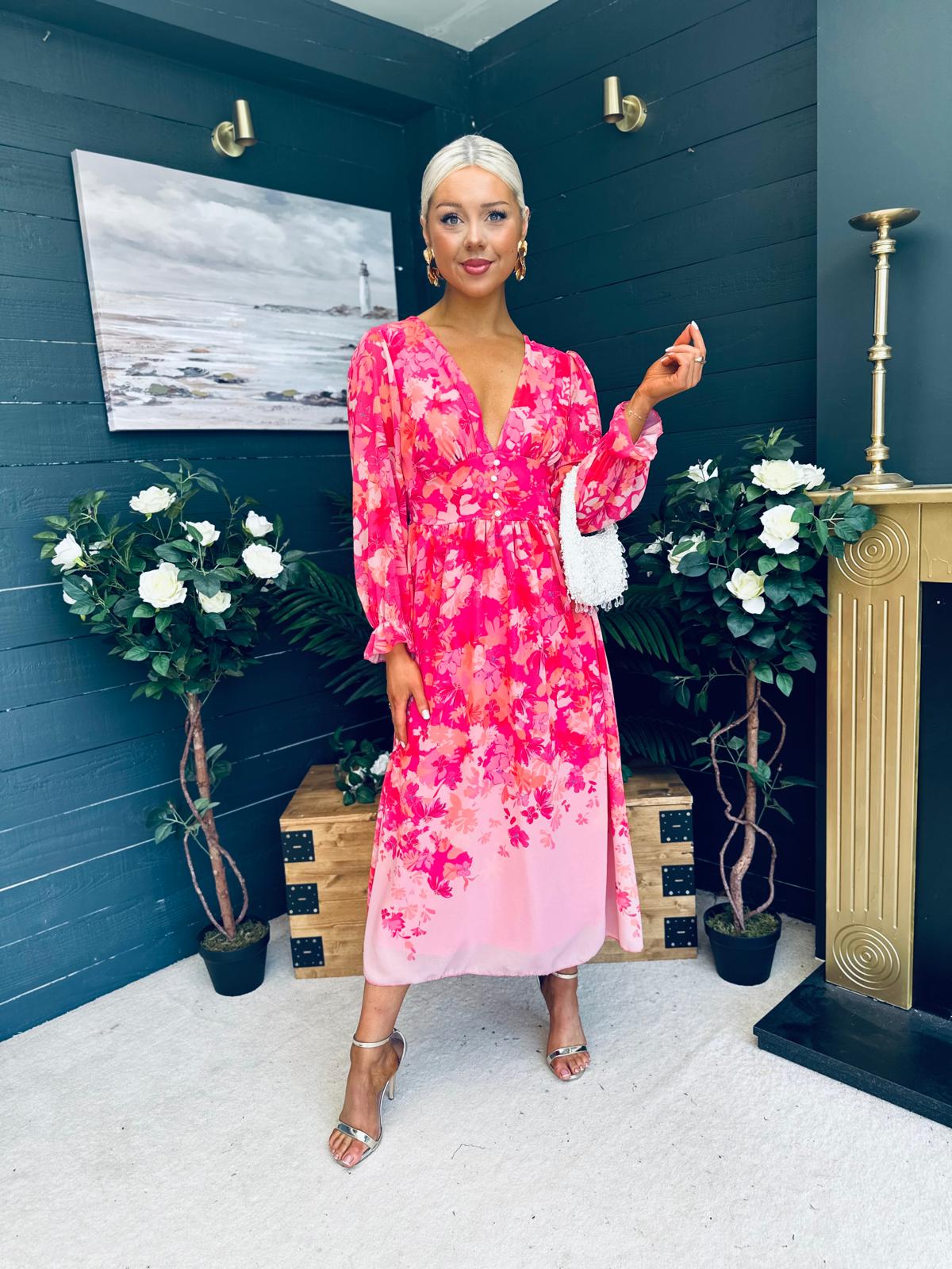 Olivia Detailed Midi Dress Floral Pink