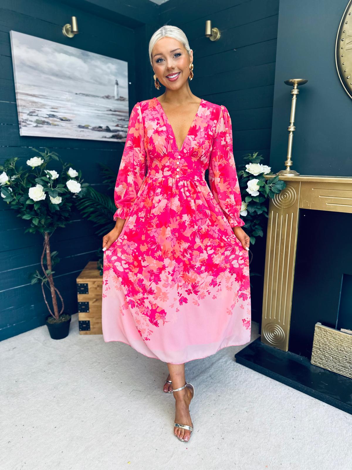 Olivia Detailed Midi Dress Floral Pink