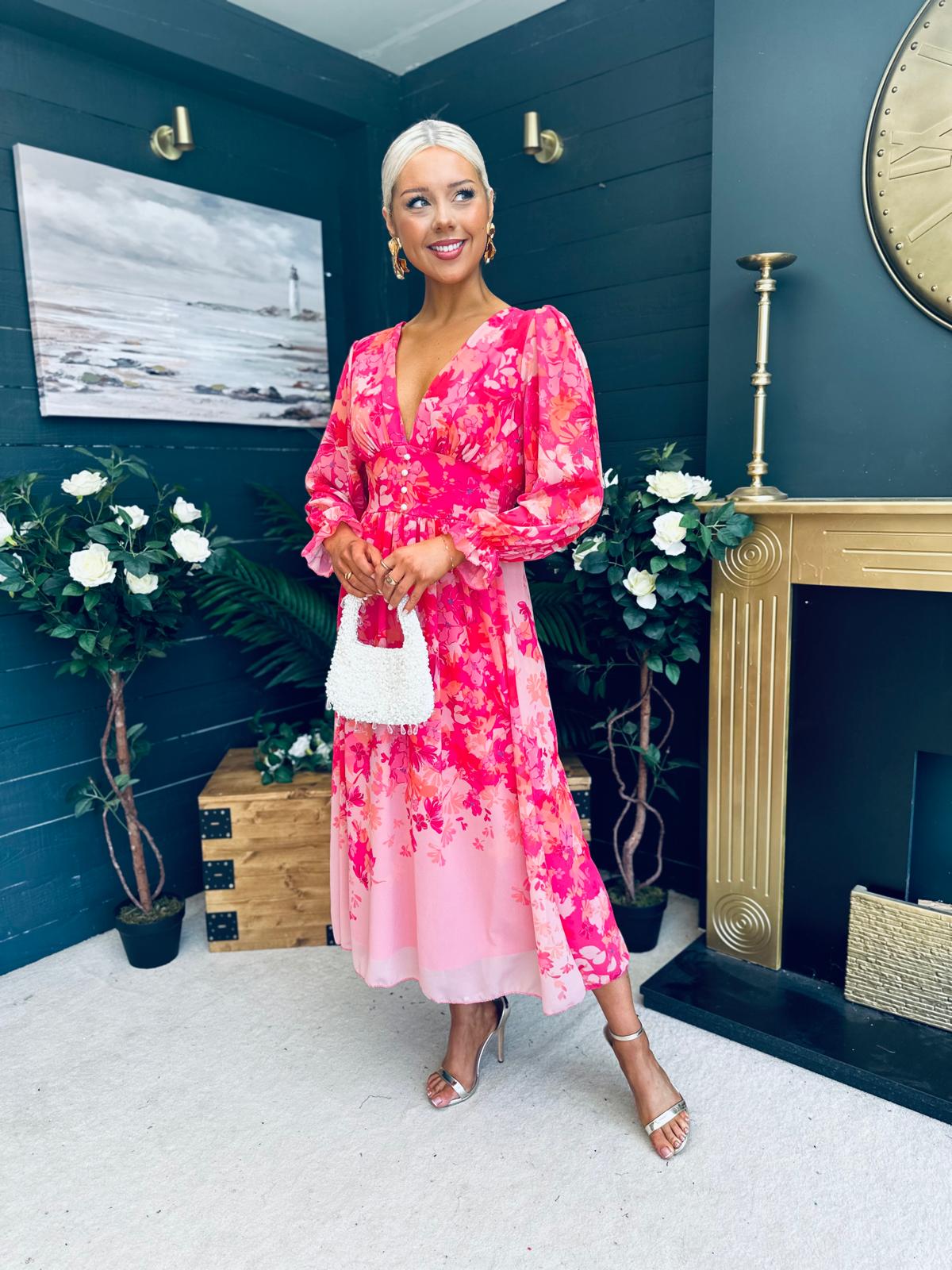 Olivia Detailed Midi Dress Floral Pink