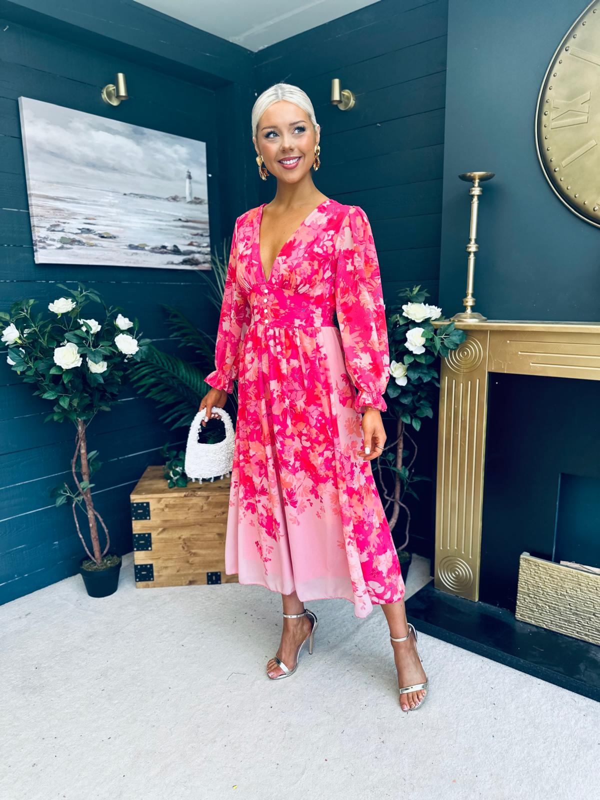 Olivia Detailed Midi Dress Floral Pink
