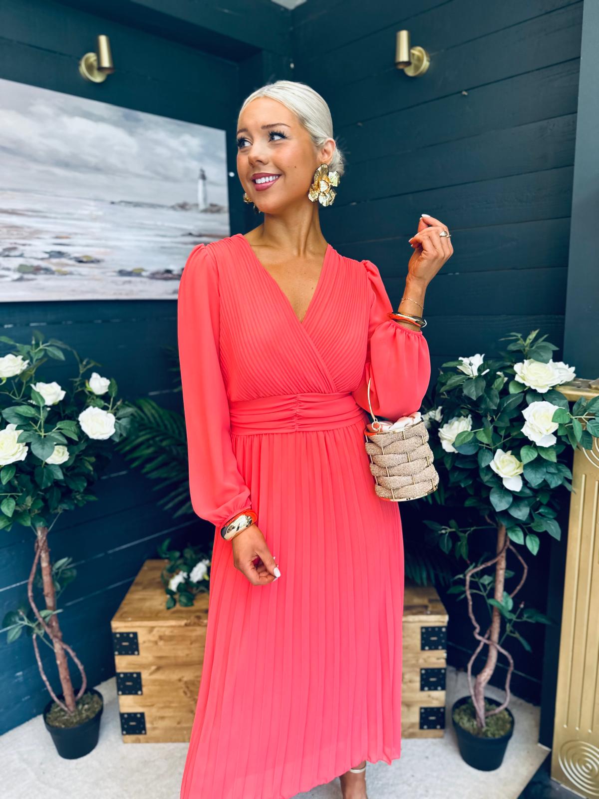 Blaire Banded Midi Dress Coral