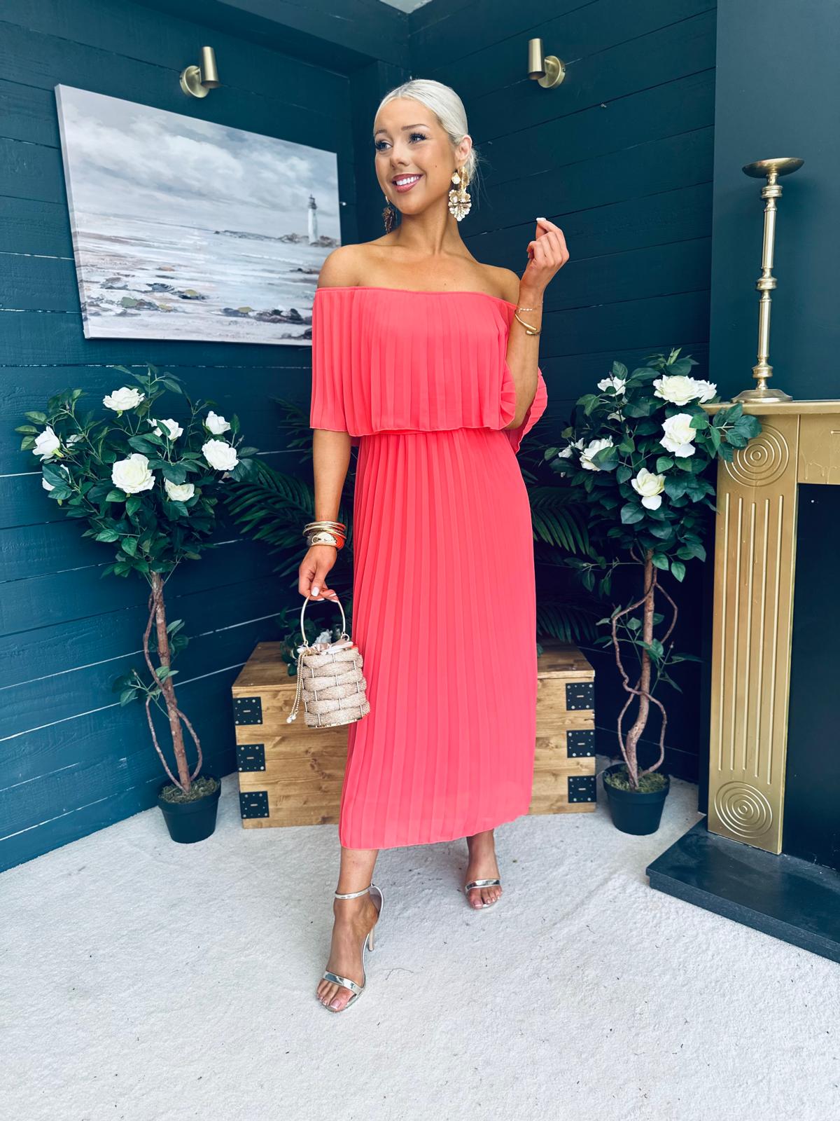 Fiadh Bardot Detail Occasion Dress Coral
